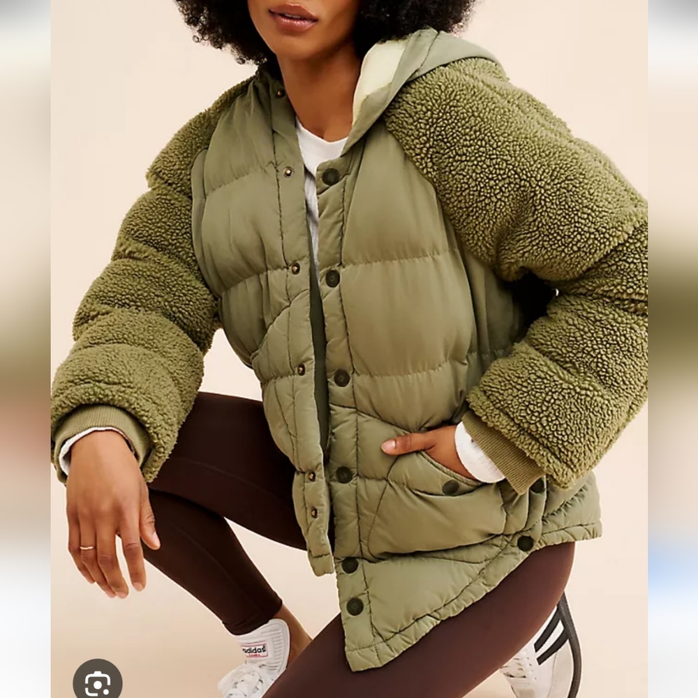 Anthropologie Olive Green Mixed-Media Sherpa Puffer Jacket